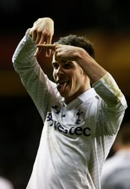 LONDON, ENGLAND - FEBRUARY 14: Gareth Bale of Spurs celebrates after scoring his team's match winning second goal